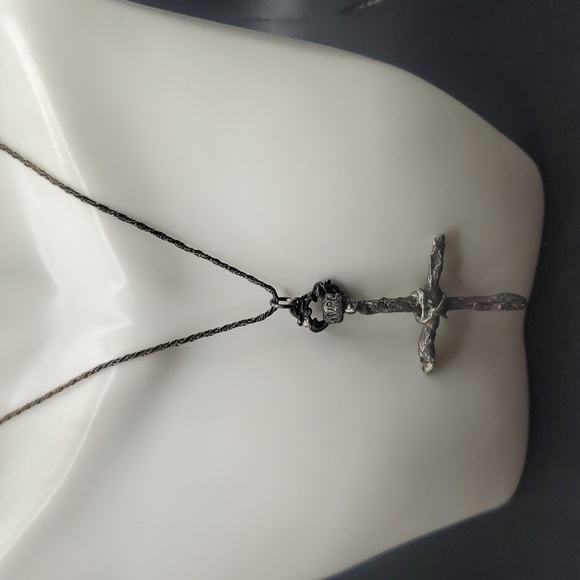 N2837 antique sterling silver solid cross necklace w solid silver chain - Picture 1 of 6